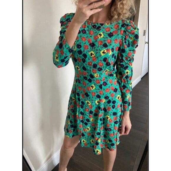 Zara Green Floral Mini Dress 3/4 Length Ruched Sleeves Tie Back‎ Size XS NWT - Picture 1 of 9
